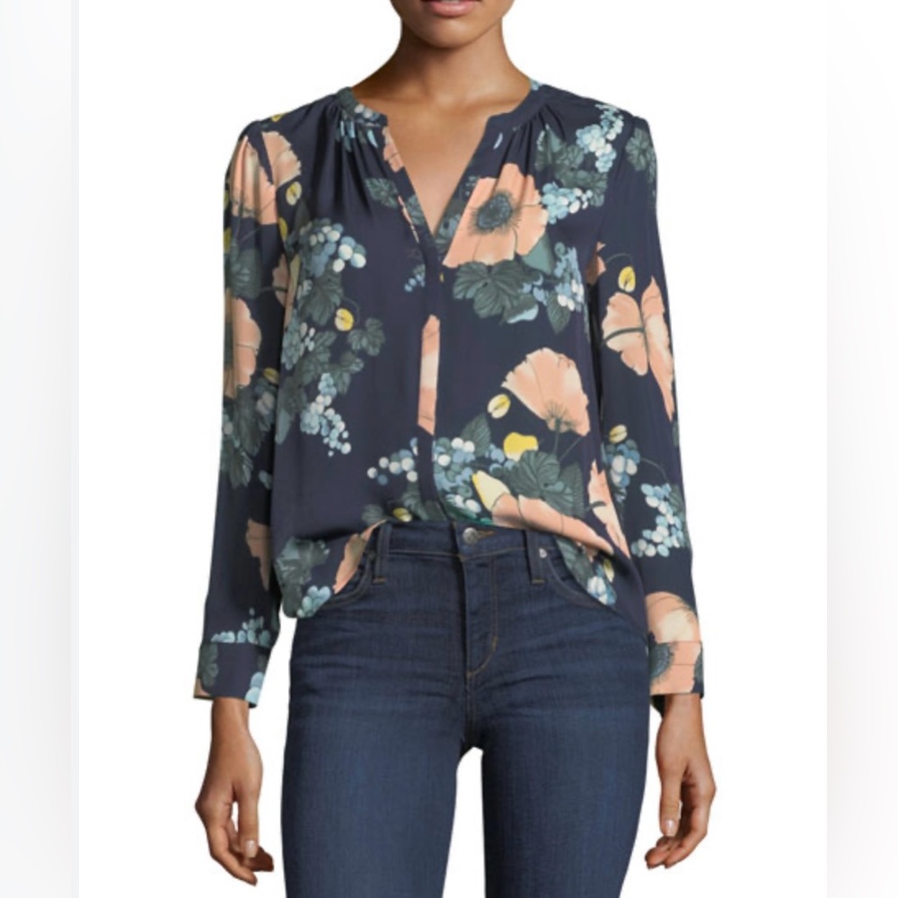 Joie Amarant Floral Print Long Sleeve Silk Blouse